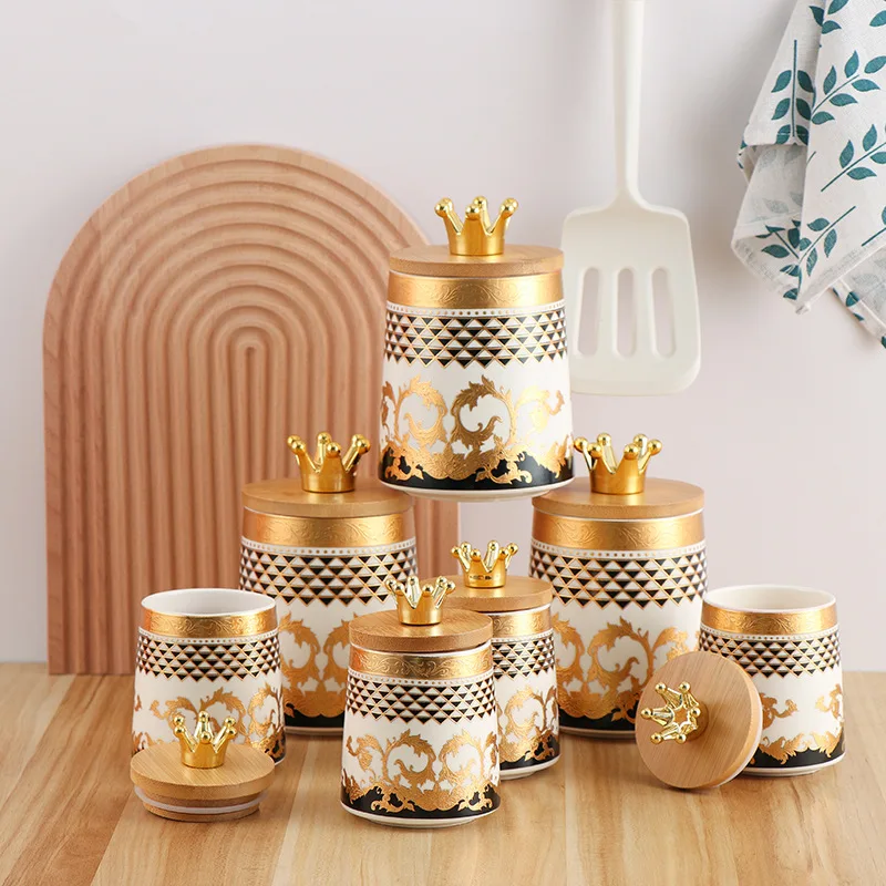 Ceramics Sealed Jar Wooden Cover Kitchen Storage Container Coffee Bean Storage Tank Tea Box Metal Rack Household Products