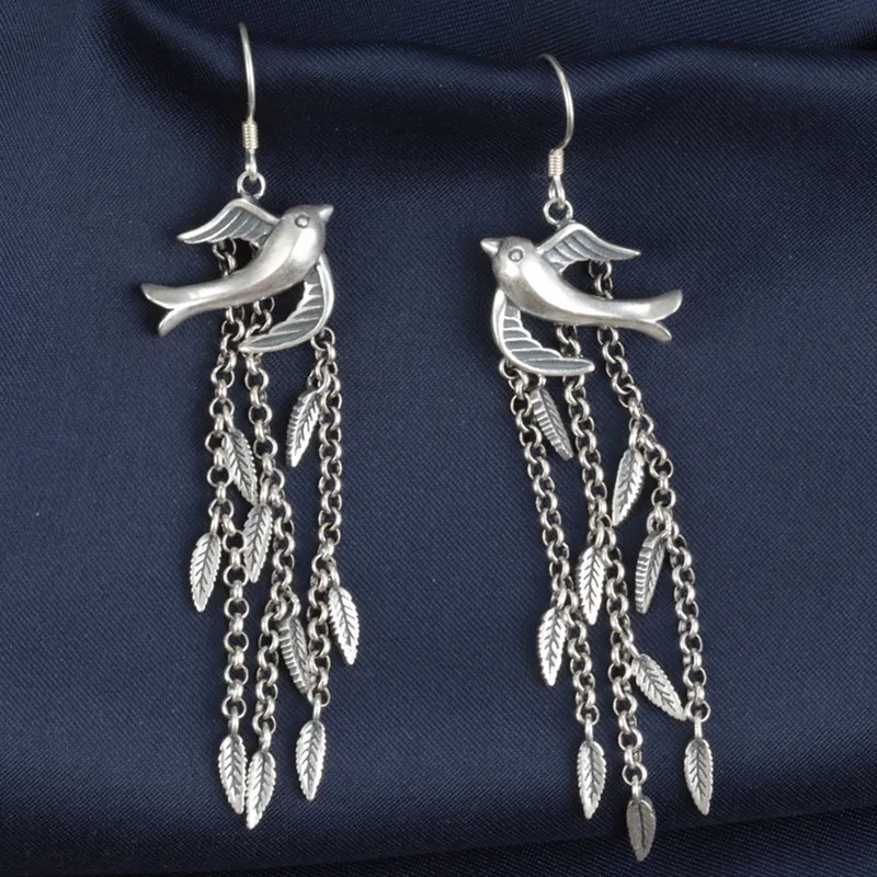 Vintage 925 Sterling Silver Swallow Leaf Tassel Earrings Ethnic Style Long Hanging Earrings Original Certified Jewelry EH143