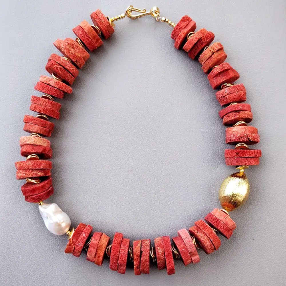 

18x27mm Red Spong Coral White Baroque Pearl Choker Necklace