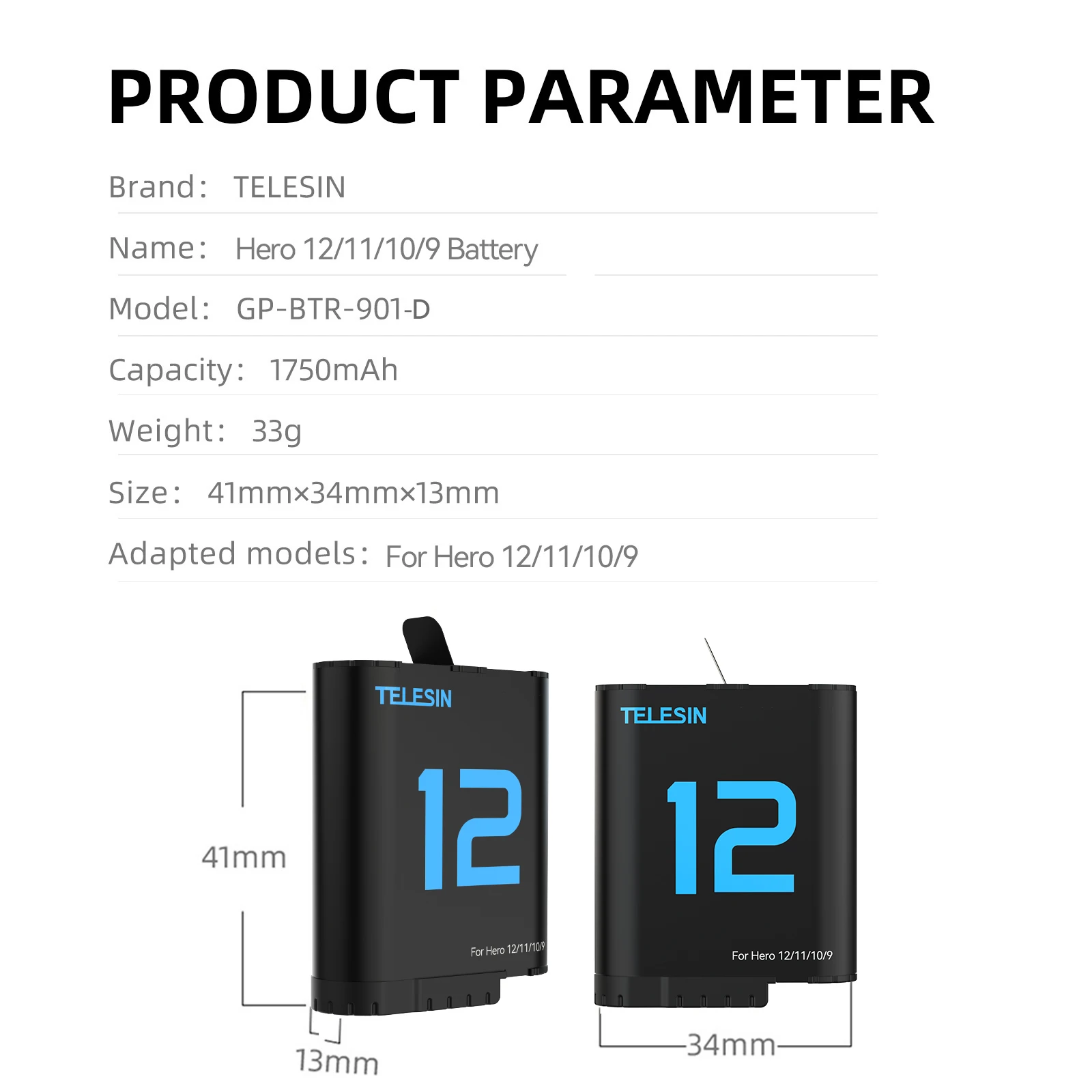 TELESIN For GoPro 9 10 11 12 Battery 1750 mAh 3 Ways LED Light Charger Box TF Card Battery Storage For GoPro Hero 9 10 11 12