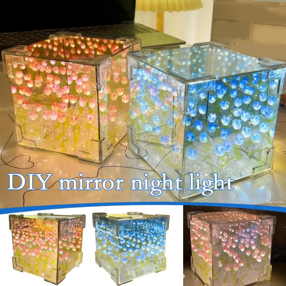 Tulip Night Light Handmade DIY Material Bed Desktop Decor Atmosphere Mother's Day Gifts Box Ornament Birthday Light Mirror M9H7