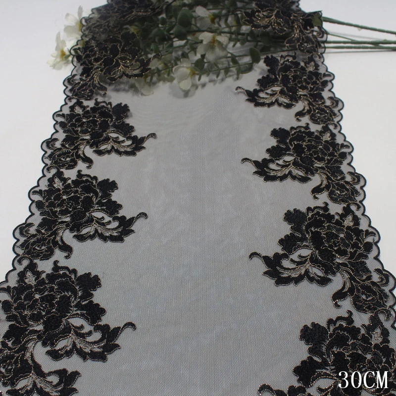 

19 ярдов, черные цветочные Золотые Нитки, кружево для одежды, аксессуары для шитья платьев, кружевная ткань