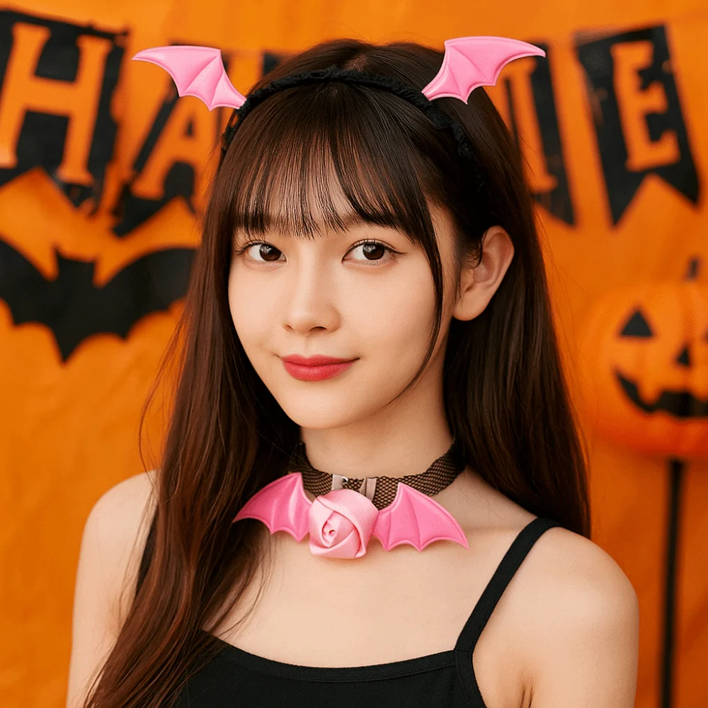 فاسق زهرة الخفافيش أجنحة هيرباند شبكة الدانتيل عقال قلادة مجموعة القوطية بو الجلود هالوين الشعر هوب النساء