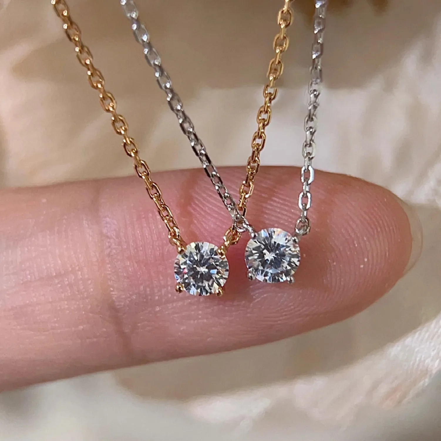 Sterling Silver Cross Chain Necklace for Women Featuring Round Moissanite Gemstone Pendant in Four-Claw Setting with Geometric D