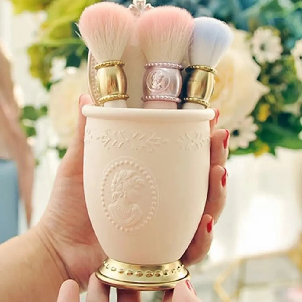French Retro Makeup Brush Holder Lipstick Eyebrow Pen Container Cosmetic Tools Organizer White Embossed Portrait
