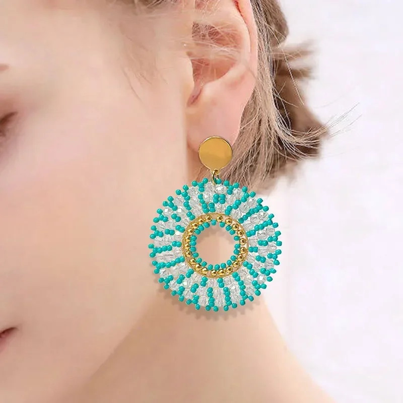

2025 Round Hollow Out Crystal Light Blue Originality Hand Knitting Bohemia Beaded Earrings