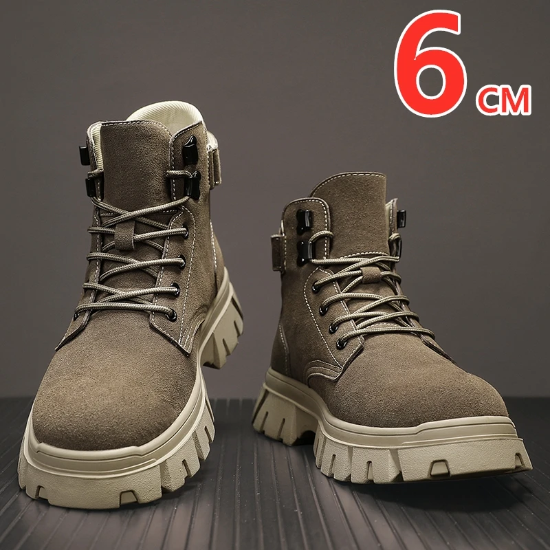 Cow Leather Man Ankel Boots Height Increase Insole 6cm Men Elevator Shoes Casual Fashion Lift Outdoor Boots Plus Size 38-46