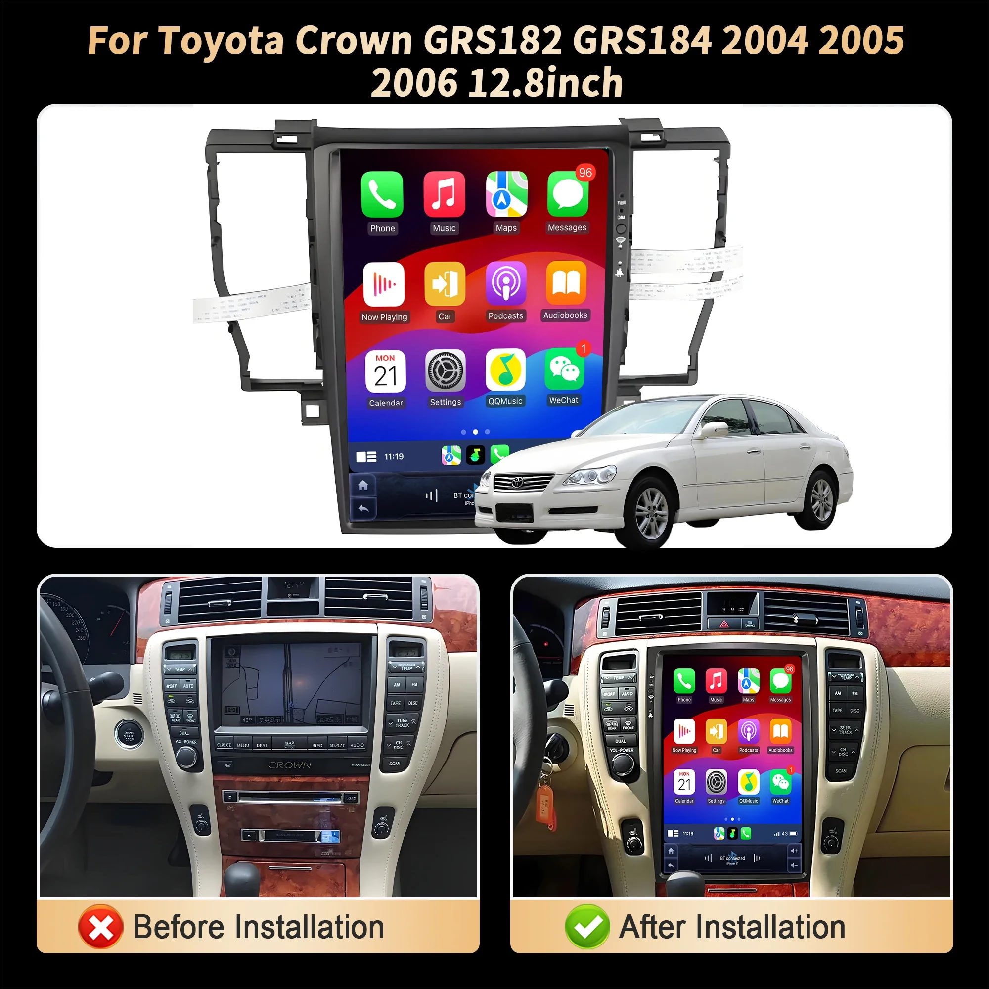 12.8 inch Car Radio For Toyota Crown GRS182 GRS184 2004 2005 2006 4G Head Unit Wireless Bluetooth CarPlay Touch Screen Stereo