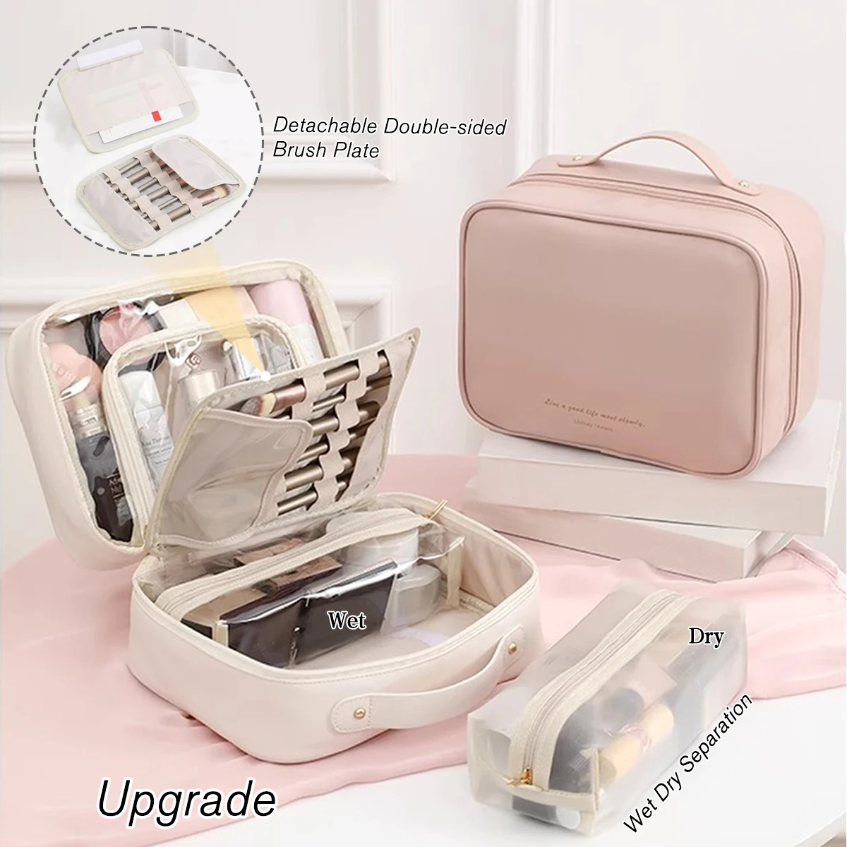 Large Capacity Makeup Bag With Handle Simple Elegant Style Cosmetic Storage Bag Portable Travel Toiletries Organizer