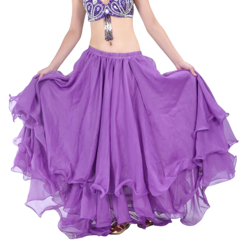 Women Belly Dance Skirt Tribal Chiffon Full Circle Swing Skirt Praise Dance Costume 3 Layers 100D Maxi Carnival Outfit(No Belt)