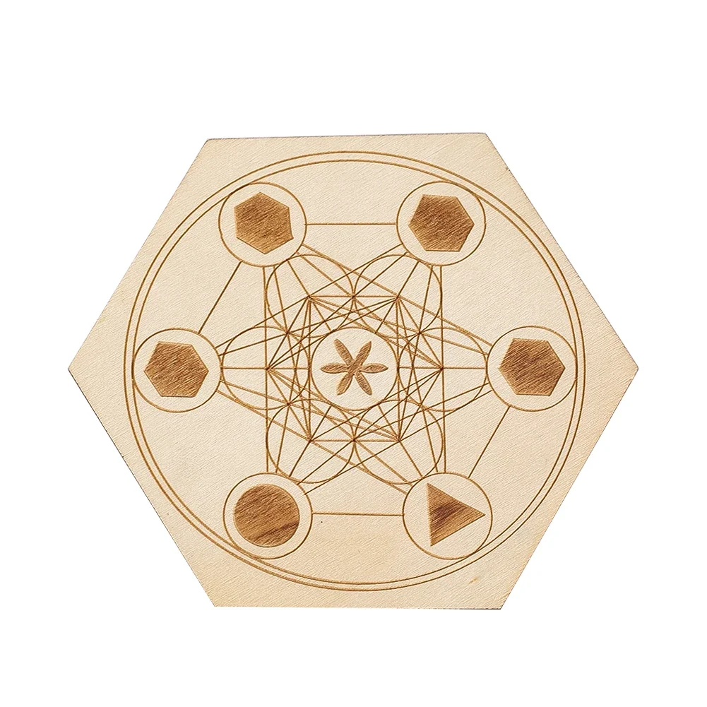 2PC Hexagonal Wooden Pad Creative Metatron Cube Pattern Decoration Home Office Decoration Crystal Stone Placemat Cup Mat Crafts