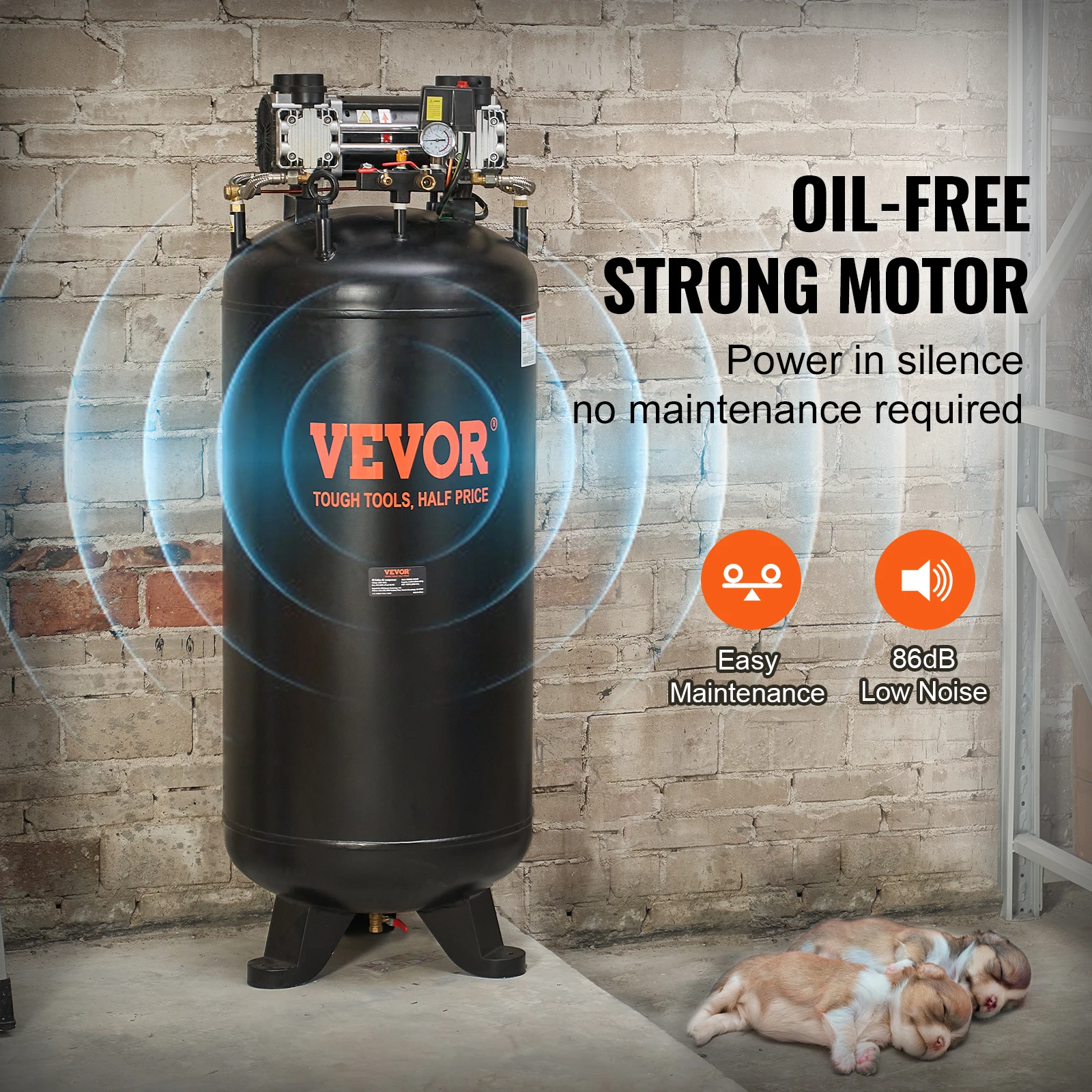 VEVOR 80 Gallon Air Compressor 6.5HP 2-Stage Oil Free Stationary Quiet Compressor for Industrial Manufacturing Sites Auto Repair