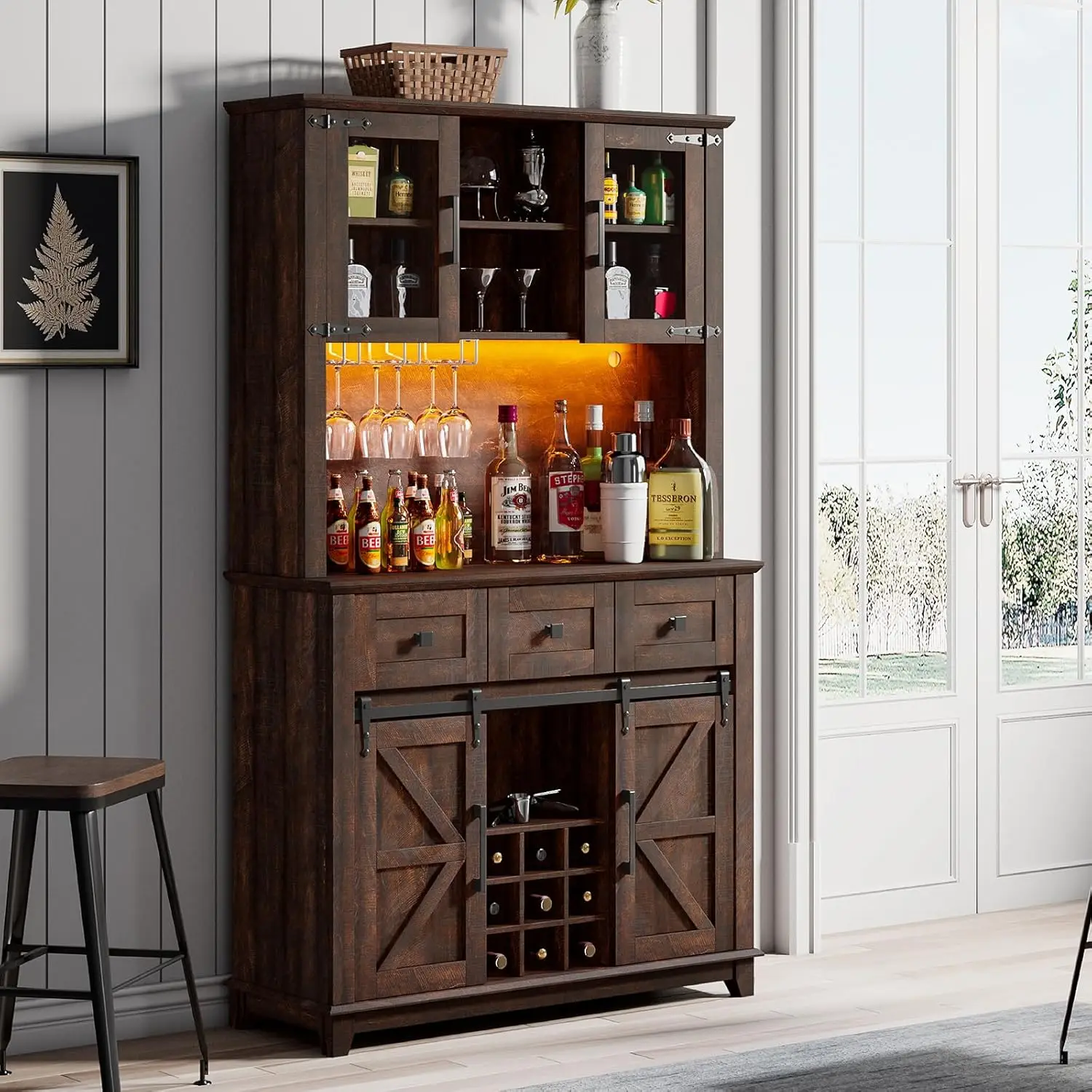 

72" Coffee Bar Wine Cabinet with Sliding Barn Door & LED Lights, Sideboard Buffet Cabinet with Wine Bottle Rack, 3 Drawers,