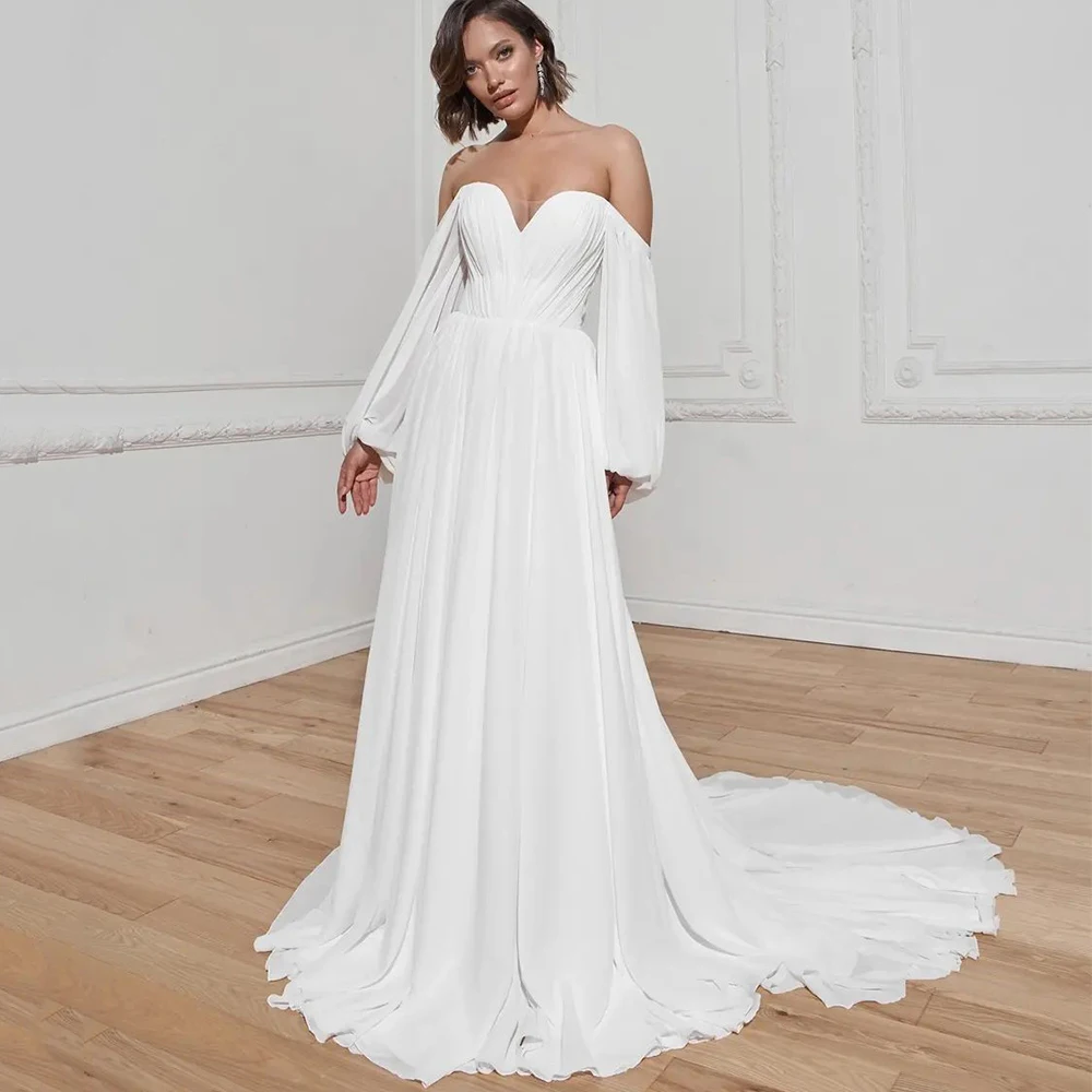 

Modern Chiffon Wedding Dress Sweetheart with Pleat A-Line Floor Length Bride Off the Shoulder Long Sleeves Lace Up Customized