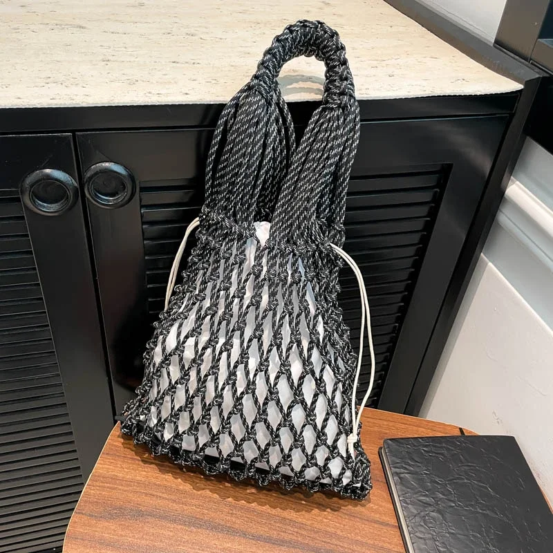 

Summer Beach Bag For Women Black Mesh Rope Knitted Bags Reticulate Hollow Travel Shopper Totes Ladies Boho Fashion Handbag