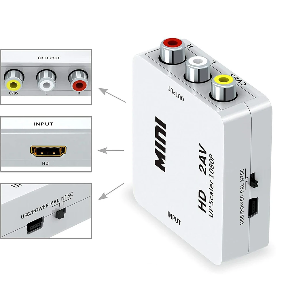 HDMI-compatible to AV Adapter Video Composite Converter HDMI-compatible Input to RCA CVBS L/R Output HD2AV UP Scaler 1080P