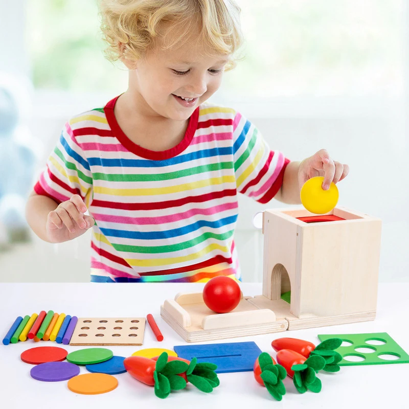 Baby Wooden Montessori Toys Toddlers Play Kit 4 in 1 Object Permanence Box Coin Box Carrot Harvest Color Match Sticks Drop Game