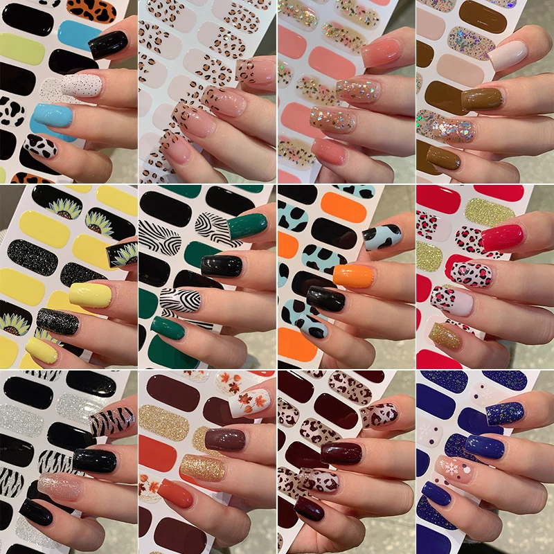 New 16 Strips Autumn Nail Stickers Full Cover Nail Patch Leopard Print Nail Stickers Nail Polish Strips DIY Nail Art Making