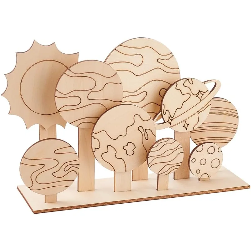 1 Set/19pcs Planet Themed Wooden Craft Kits Outer Space Unfinished Wood Crafts 3D Planet Wood Crafts Paintable Unfinished Wooden