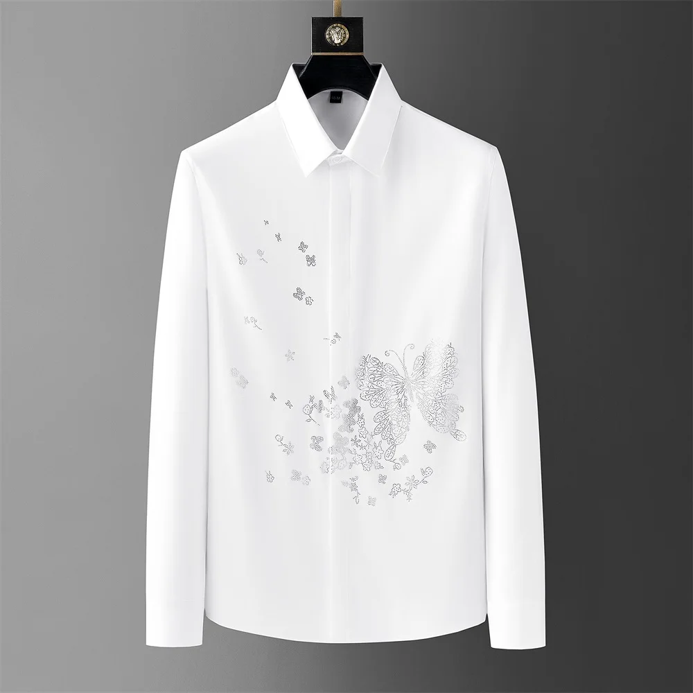 2023 Brand Autumn Butterfly Rhinestone Men\'s Shirt Handsome Long Sleeve Casual Shirts Slim Fit Business Social Party Blouse 5XL