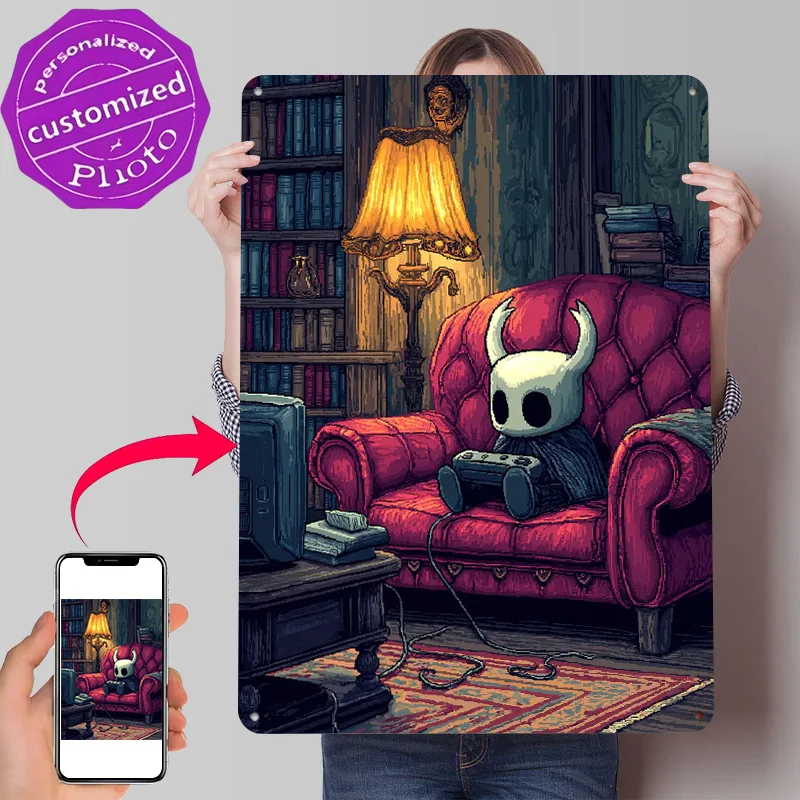 Hollow Knight Gaming Pixel Art Personalized 3D Textured Metal Poster Wall Art Vintage Tin Signs for Decor Room Decoration Items