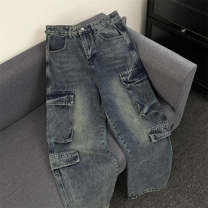 Retro Washed Heavyweight Men's Jeans Casual Straight Leg Multi-Pocket Workwear High Street Style Denim Pants Youth Trend