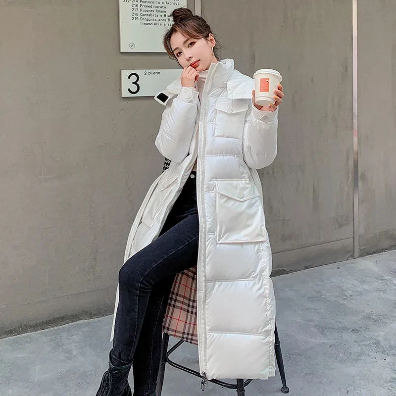 Jaqueta de inverno das mulheres roupas 2025 nova moda magro versátil para baixo casaco de algodão feminino tamanho grande sobre o joelho longo com capuz parkas