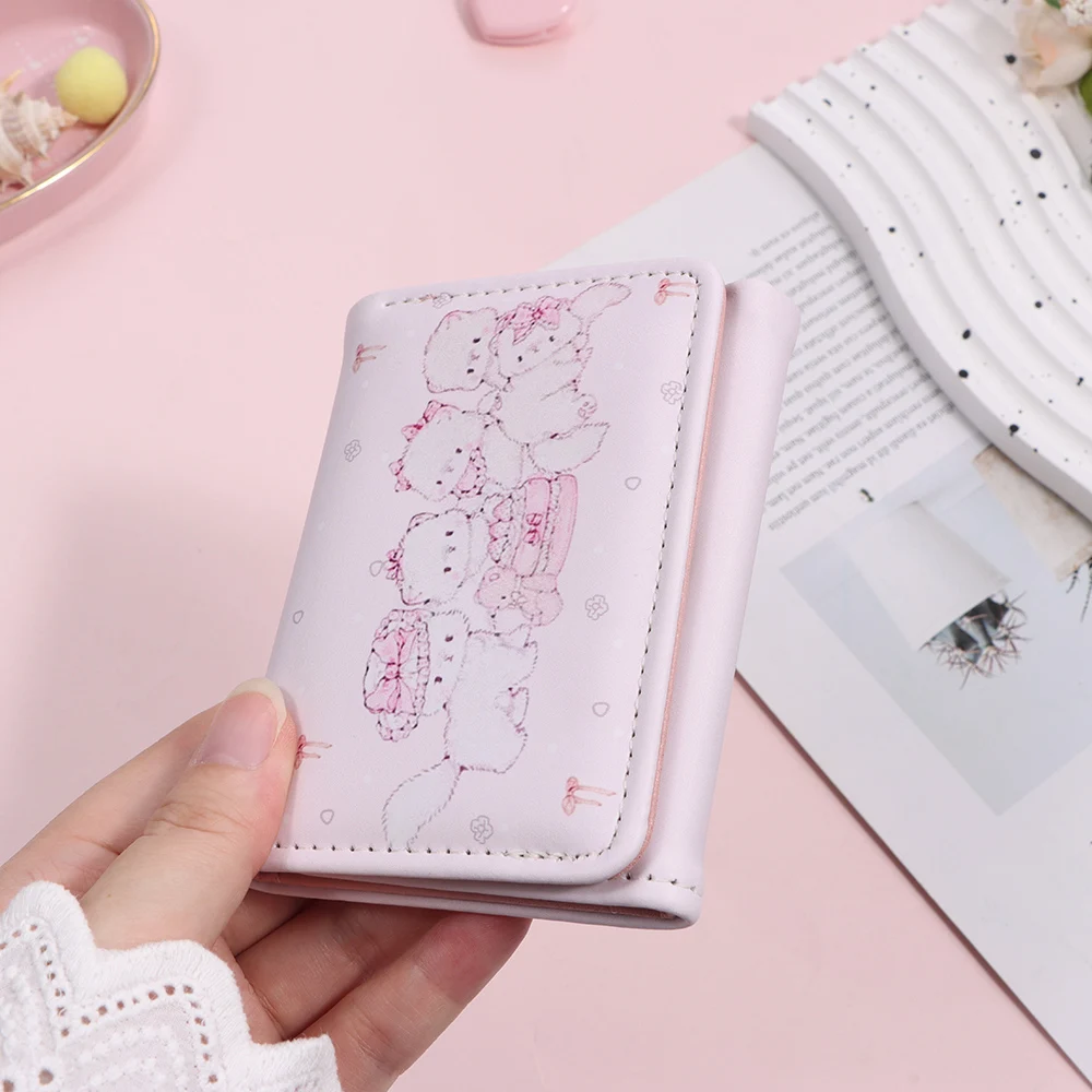 Fashion Kawaii Cat Print Short Wallet Foldable PU Leather Coin Purse Multipurpose Pink Credit Card Holder Women Girl Travel