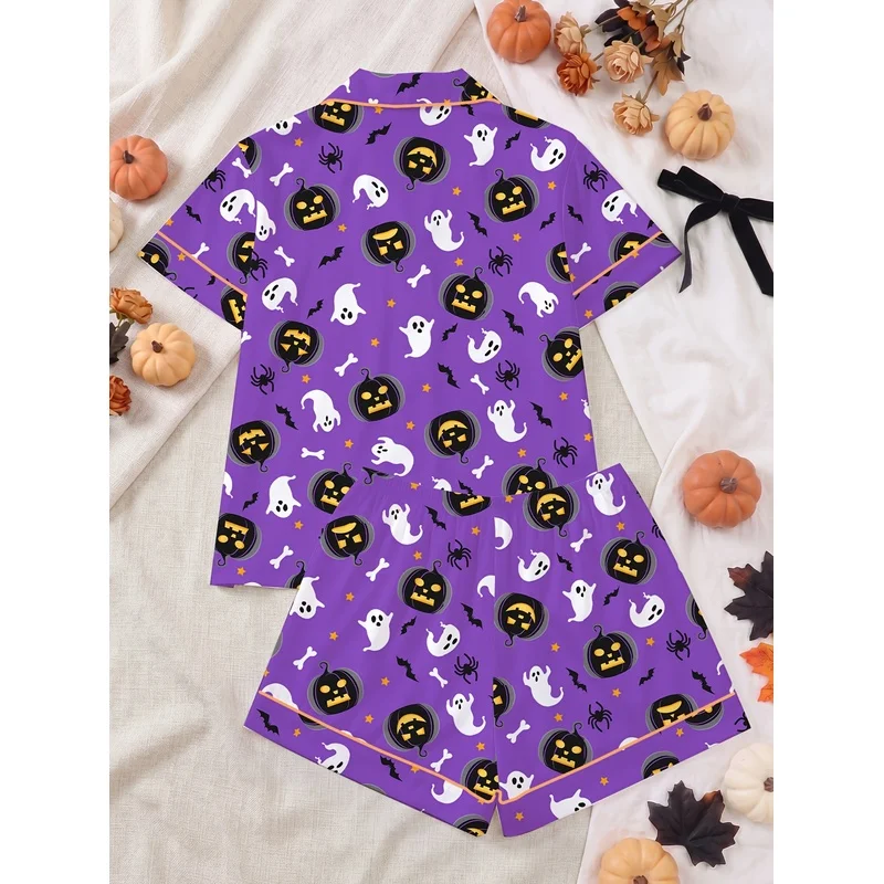 Women's Halloween Pumpkin Bat Print Pajama Set Short Sleeve Button Down Top Shorts Soft Sleepwear Loungewear Summer Home Wear