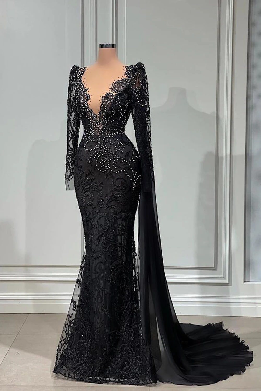 Mermaid Black Lace Evening Dresses For Women 2024 V Neck Elegant Beading Crystal Vestido De Fiesta Wedding Party Gowns Formal