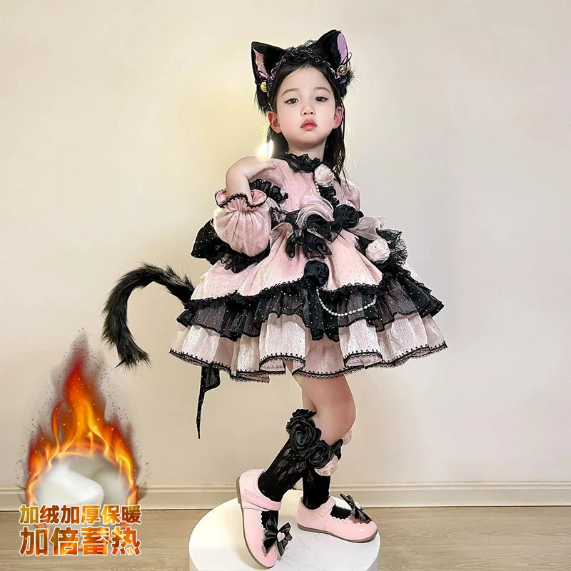 Winter Autumn Girls Spanish Lolita Princess Lace Pink Ball Gown Sweet Cute Cat Birthday Kids  Party Easter Eid Mesh Dresses