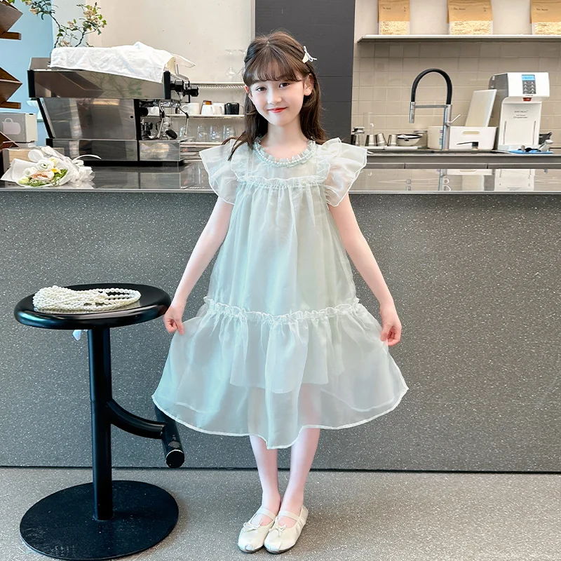 Girl's dress 2025 summer new item children's lightweight princess dress round neck pearl necklace baby's chiffon skirt