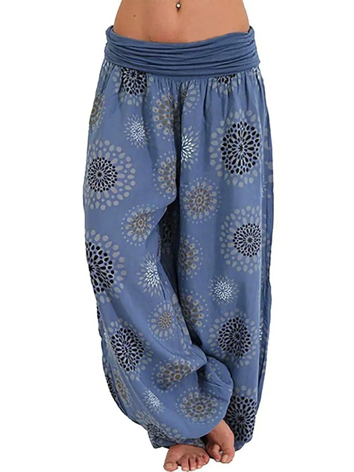 High Waist Printed Harem Pants Women's Long Wide Leg Casual Trousers Straight Cut Polyester Fiber Zipper Closure Daily Wear