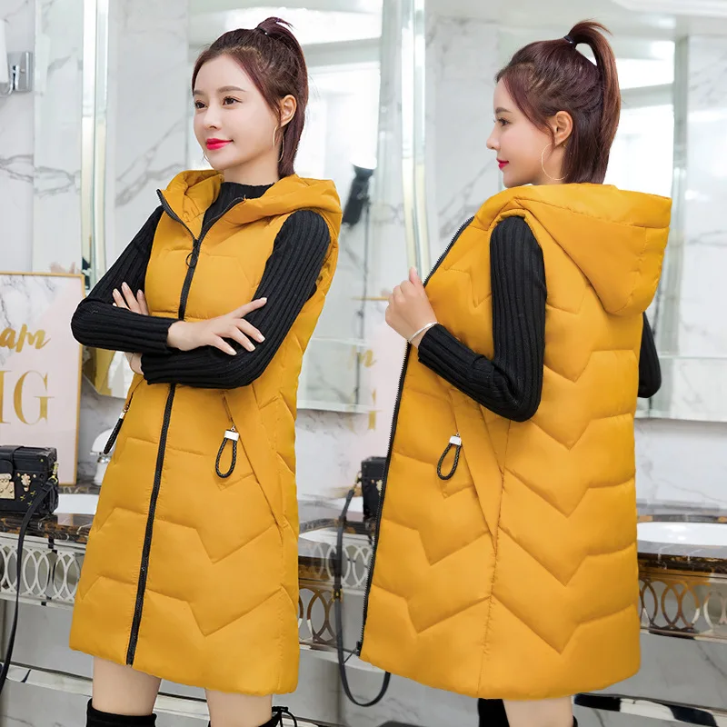 Autumn and Winter Simple Commuting Thick Hooded Outerwear Medium Long Vest Jacket Cotton Vest for Women