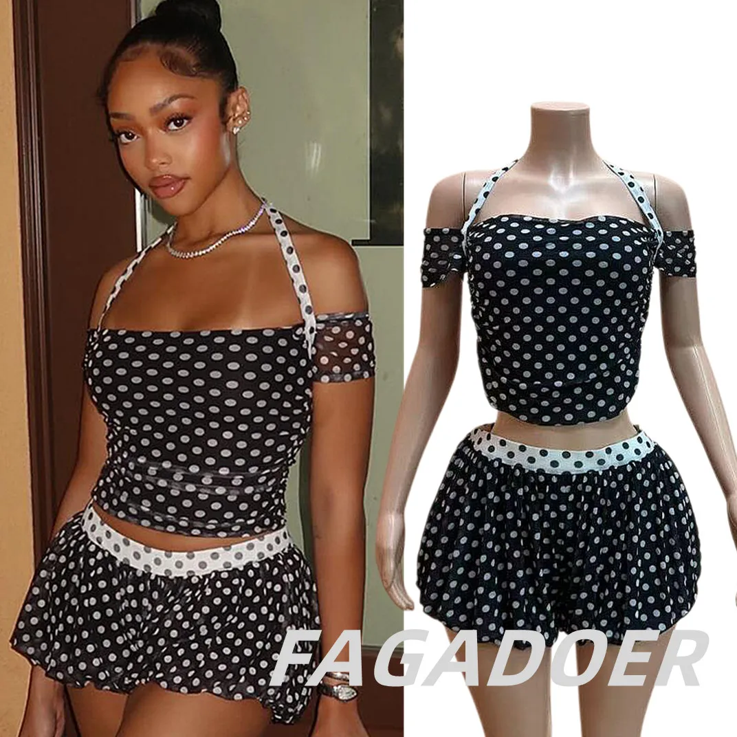 FAGADOER Retro Polka Dot Mesh Shorts 2 Pcs Sets 2026 Sexy Patchwork Off Shoulder Bandage Crop Top + Bubble Puff Shorts Outfits