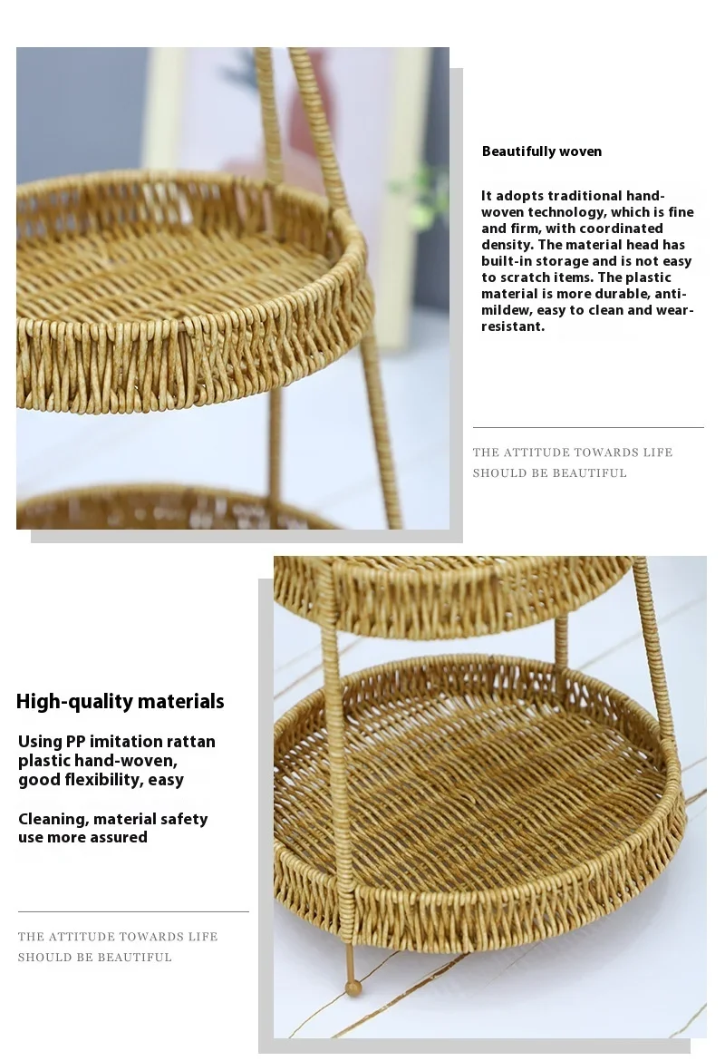 yesTwo Layers Handwoven Bamboo Basket Imitation Rattan Woven Kitchen Storage KTV Hot Pot Restaurant Dim Sum Snack Fruit Bread Tr
