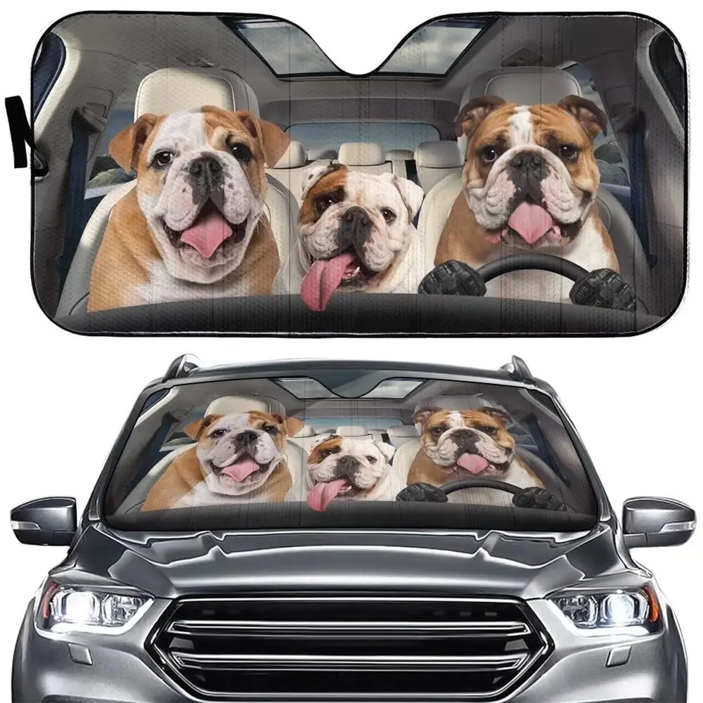 

English Bulldog Driver Car Sun Shade Dog Family Auto Front Window Windshield Animal Car Sunshade Anti-Sunlight Automotive Cover