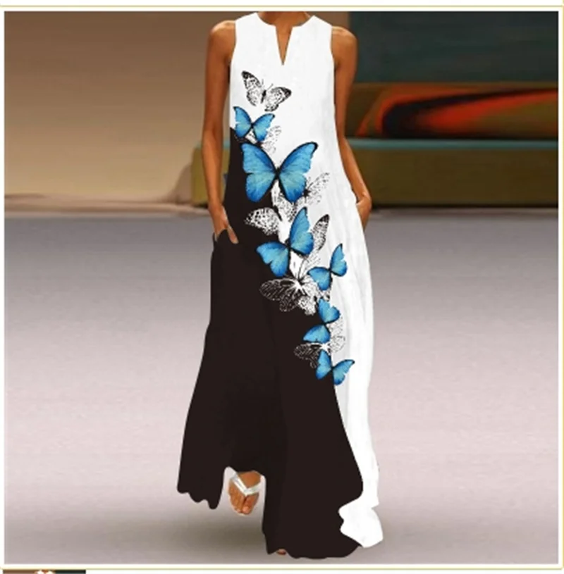 Women's Clothing 2024 Spring Summer Fashion Personalized Street V-neck Print Sexy Long Dress Women Sleeveless Maxi Party Dresses