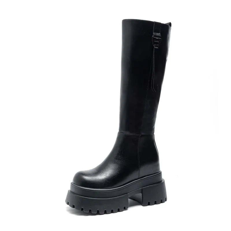Winter Women Elevator Shoes Chunky Platform Boots Female Height Increasing Shoes Classic Black Long Boots Luxury Design Booties