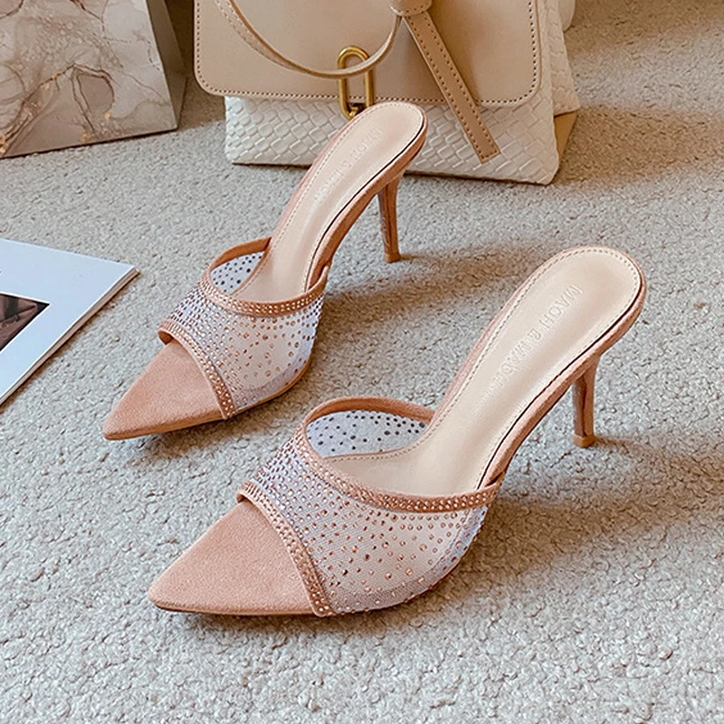 

Women's Pointed Peep Toe Mesh Rhinestone Embellished Slip‑On Stiletto Heel Mule Sandals, Summer Nightclub Footwear,Drop Shipping