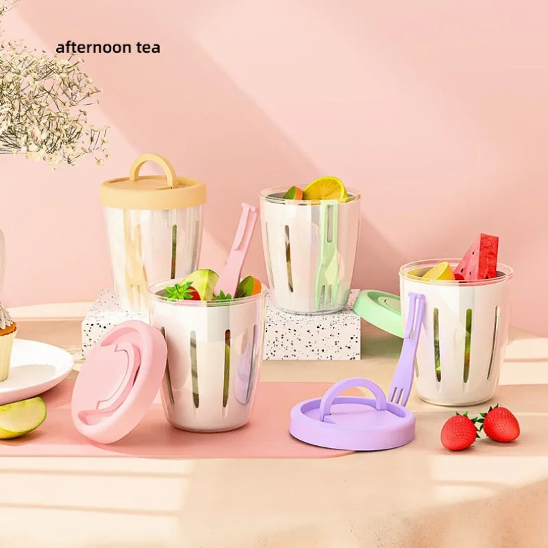 

Stylish and Simple Double Salad Fruit Cup Practical Breakfast Double Drain with Fork Portable Multi-functional Fruit Cup
