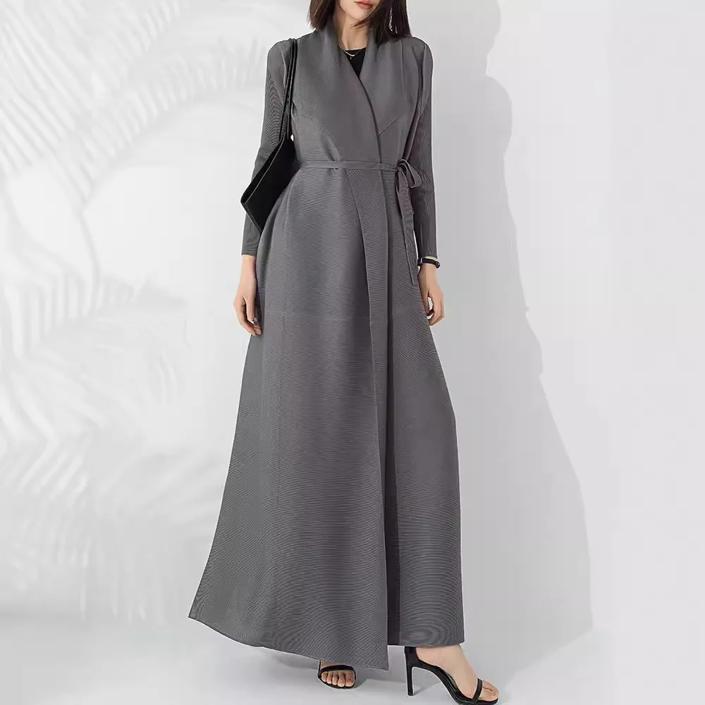 

Miyake Высококачественная модная длинная ветровка для женщин с длинными рукавами и лацканами, облегающий талию, на шнуровке, эластичный плиссированный халат