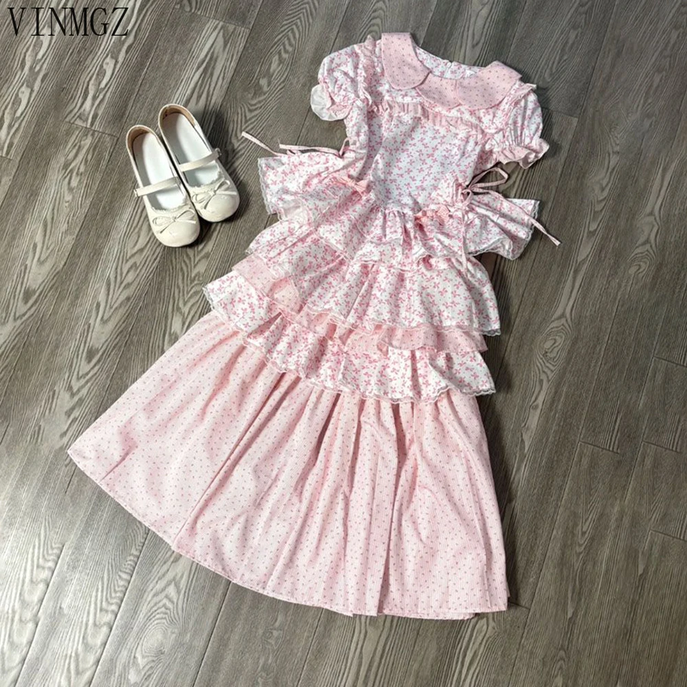 

Sweet and cute style retro Japanese girl niche pink short-sleeved shirt + fluffy cake skirt two-piece set