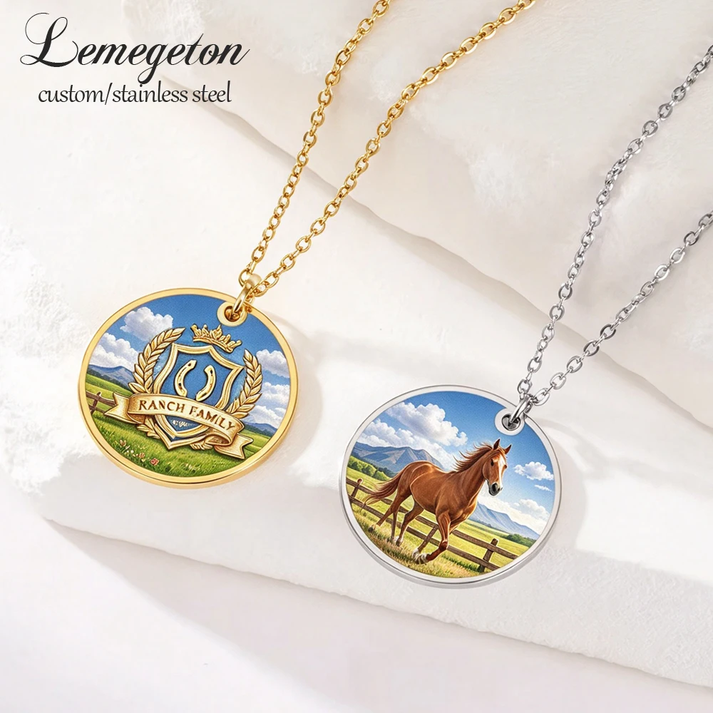 Lemegeton Personalized Photo Necklace Single Side Engraved Round Pendant Men Women Stainless Steel Jewelry Custom Family Gifts