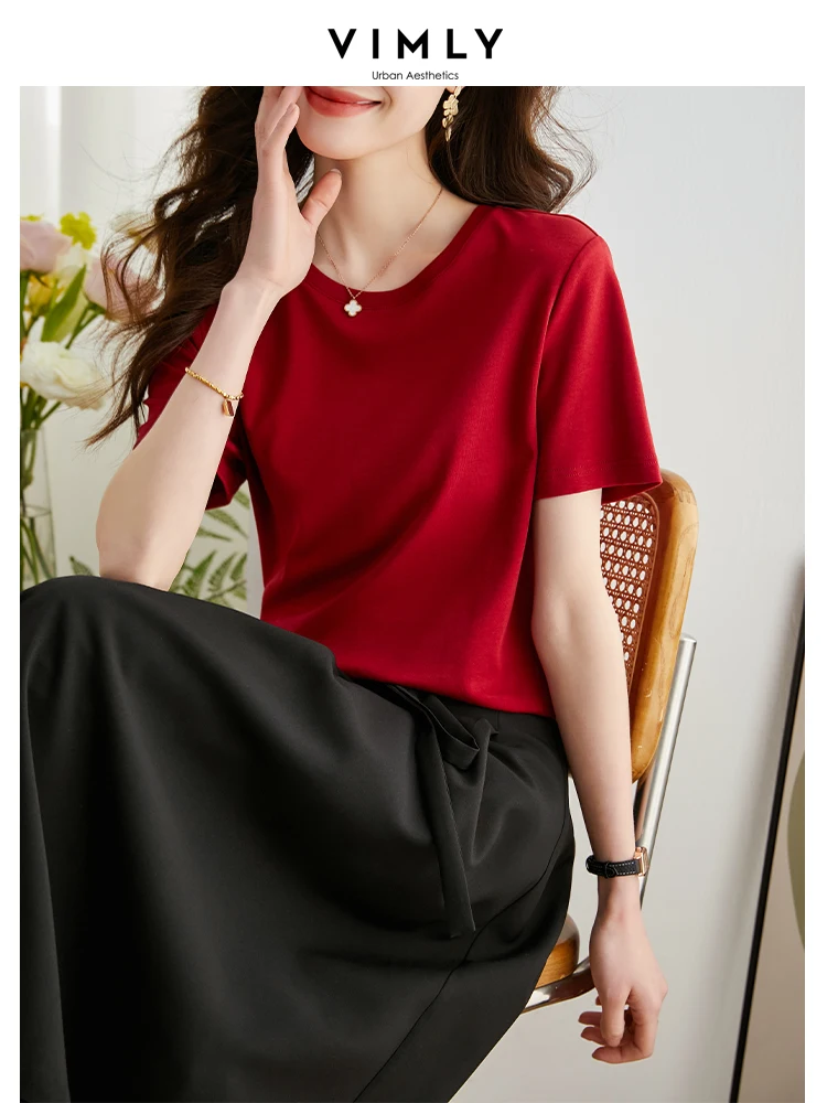 Vimly Simple Summer T Shirts for Women 2023 Basics Casual Loose Straight  Cotton 100% Tees Short Sleeve O Neck Tops Streetwear