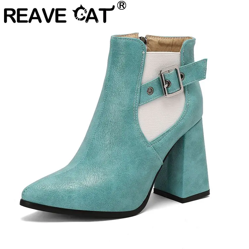 

REAVE CAT Female mujer Blue Buckle Zipper Brown Black Ankle Boots Pointed Toe Classic Daily Women Bota Chunky Heel 10cm 48 49 50