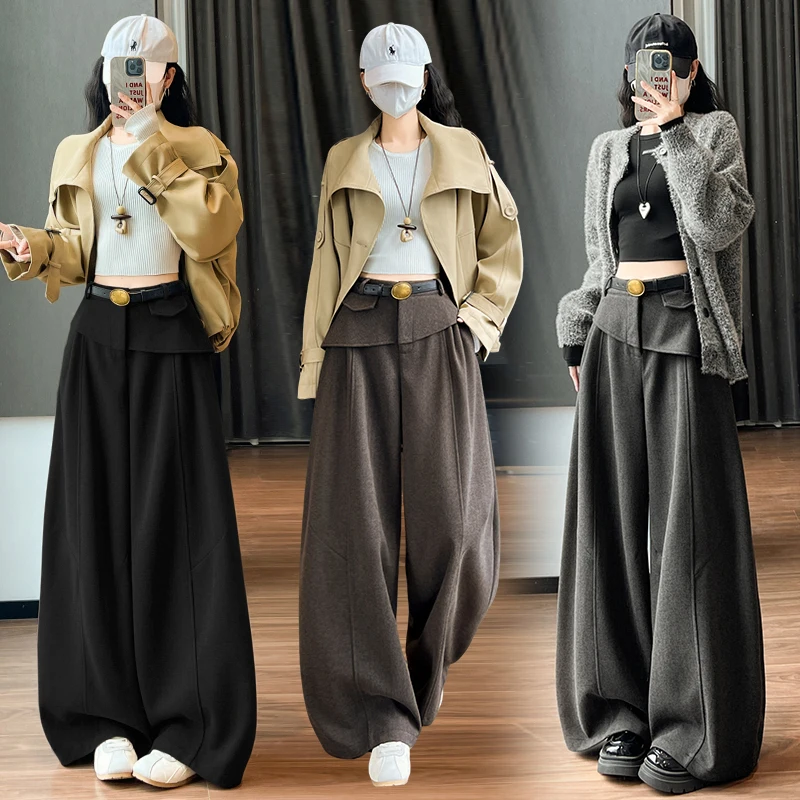 High Waist Wide Leg Pants Women's Autumn Winter Woolen Casual Loose Knife Shape Long Pants Skirt like Design Cover Hip