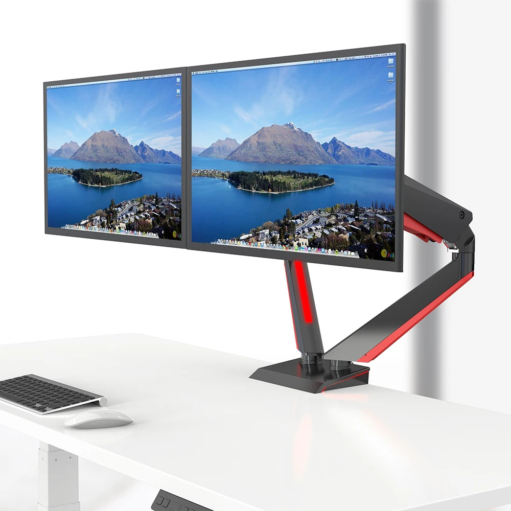 GE44 Dual Arm 15-32 Inch Monitor Stand Aluminum Arm Mount With Gas Spring Color Changing Light Cable Management-90 Degree Tilt