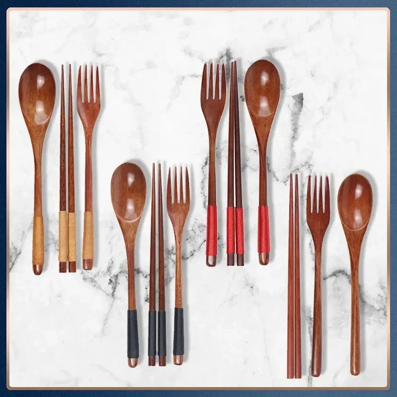

1pc Wooden Chopsticks Fork Spoon Three-piece Set Twine Japanese-style Tableware Kitchen Chopsticks Fork Spoon Cutlery Set Spoon