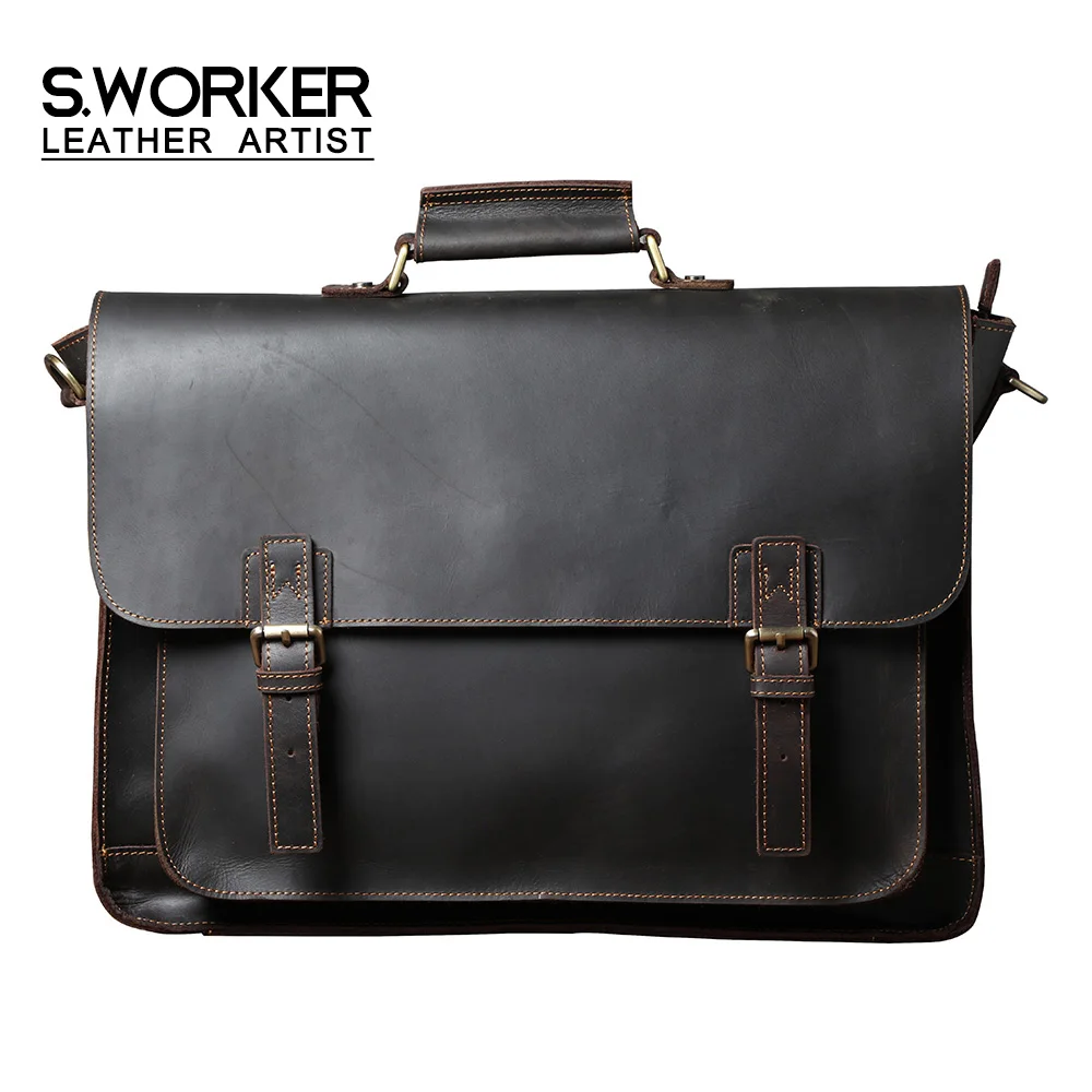 S.WORKER Retro Vollnarbenleder-Handtasche für Herren | Klassische Business-Aktentasche – Detail 2